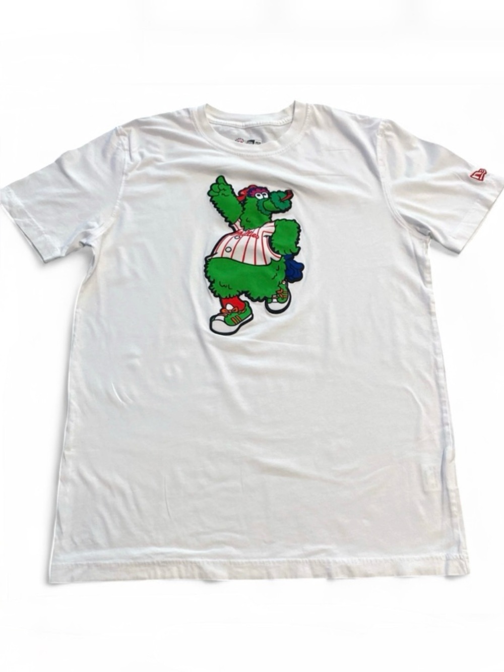 MLB White Short Sleeve T-Shirt with Green Phillie Phanatic Graphic